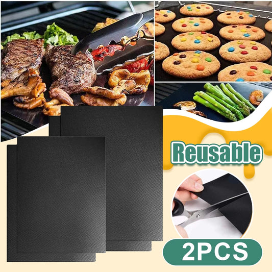 2Pcs BBQ Grill Mat Reusable Barbecue Outdoor Kitchen Baking Non-Stick Pad Cooking Plate Party PTFE BBQ Grill Mat Accessories
